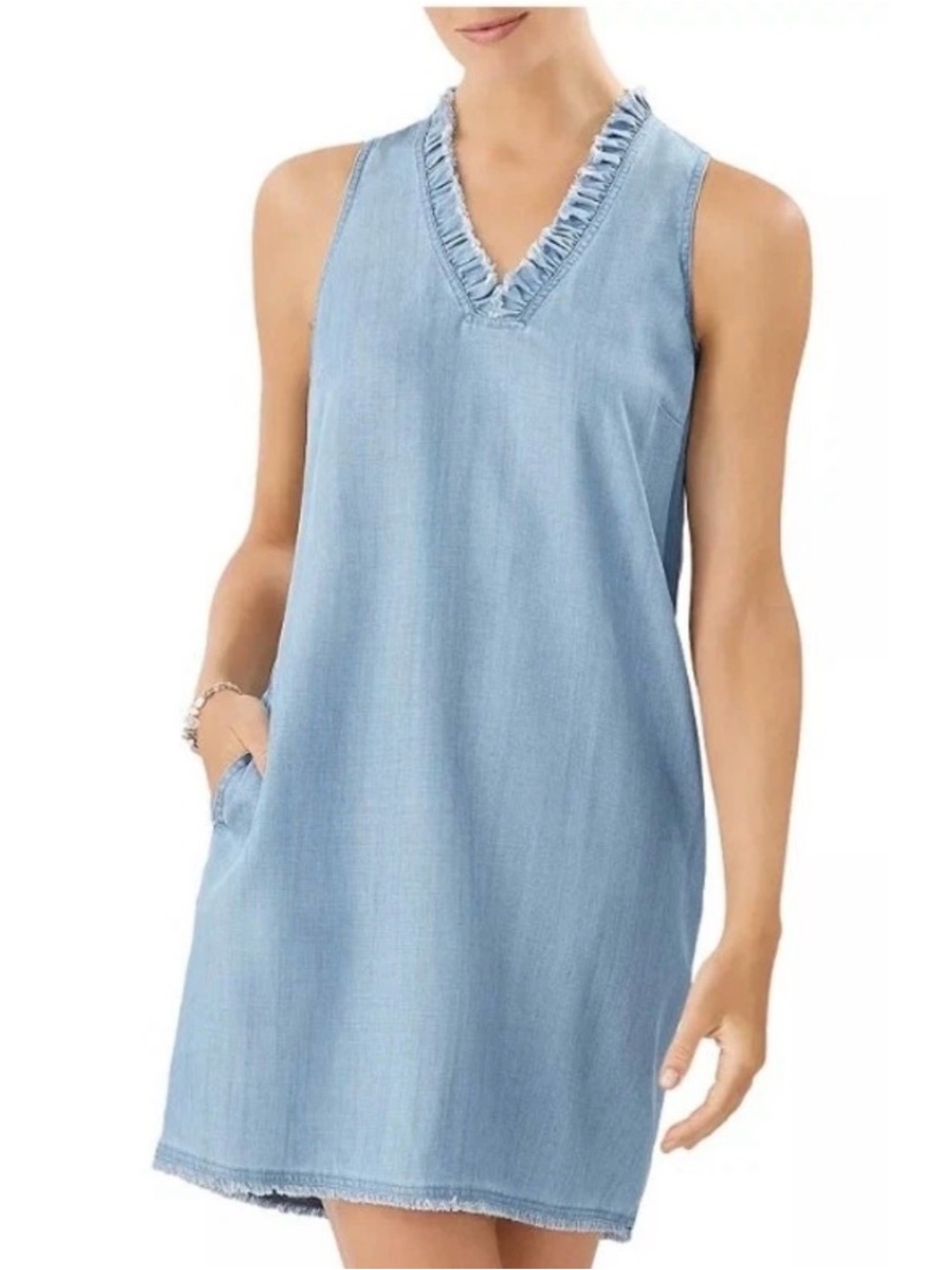 Tommy Bahama Light Blue Frayed V-Neck Chambray Shift Dress